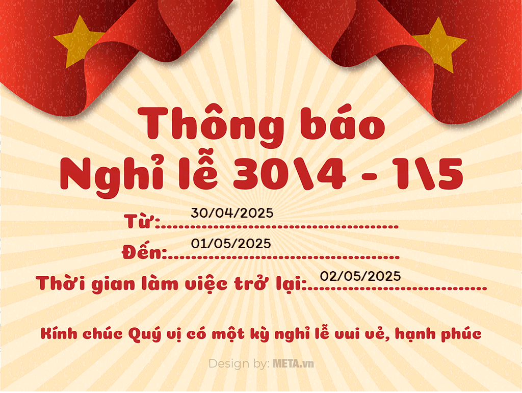 THÔNG BÁO NGHỈ LỄ 30/4 VÀ 1/5